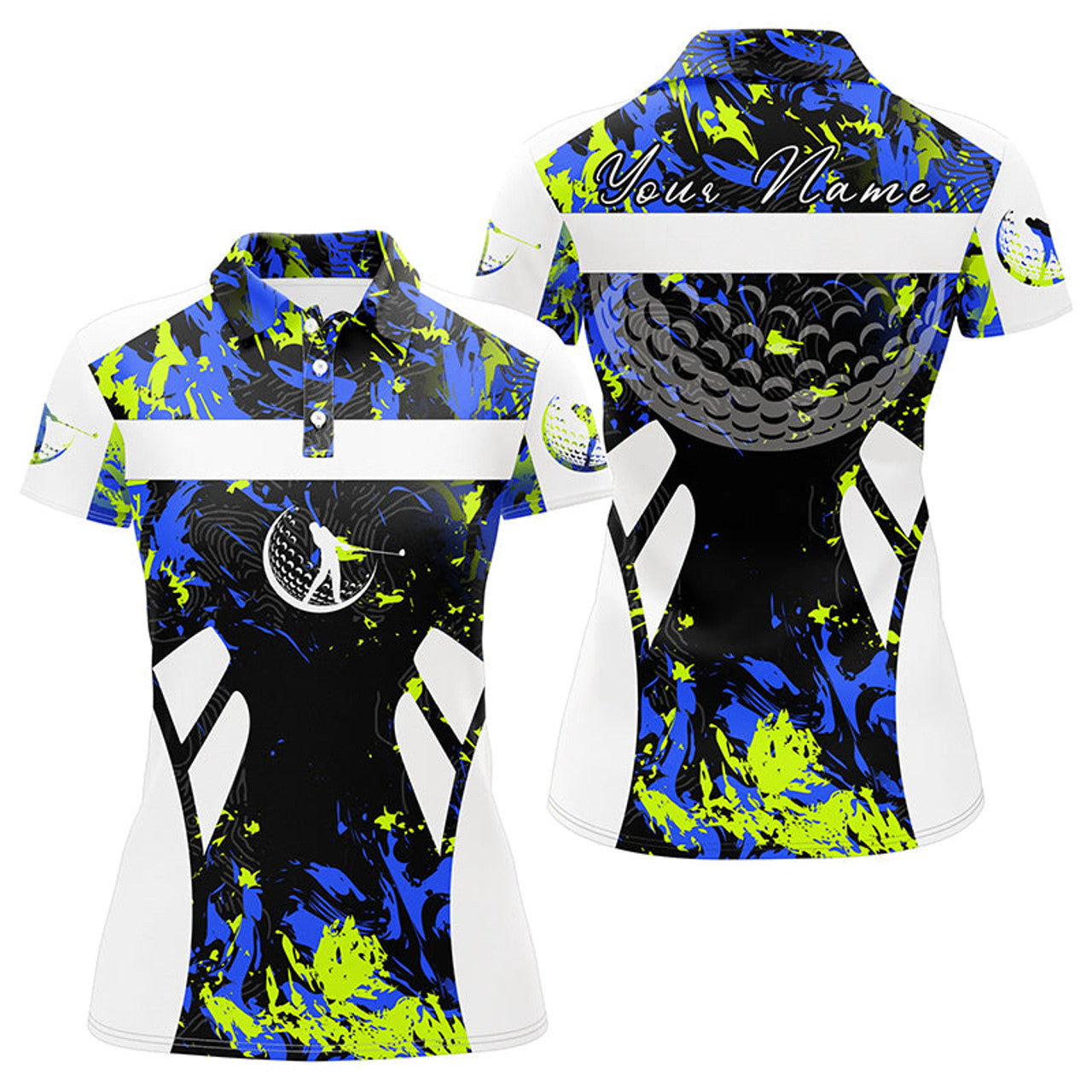 Custom Green Blue Camo And White Womens Golf Polo Shirt Custom Name Cool Golf Gifts For Ladies