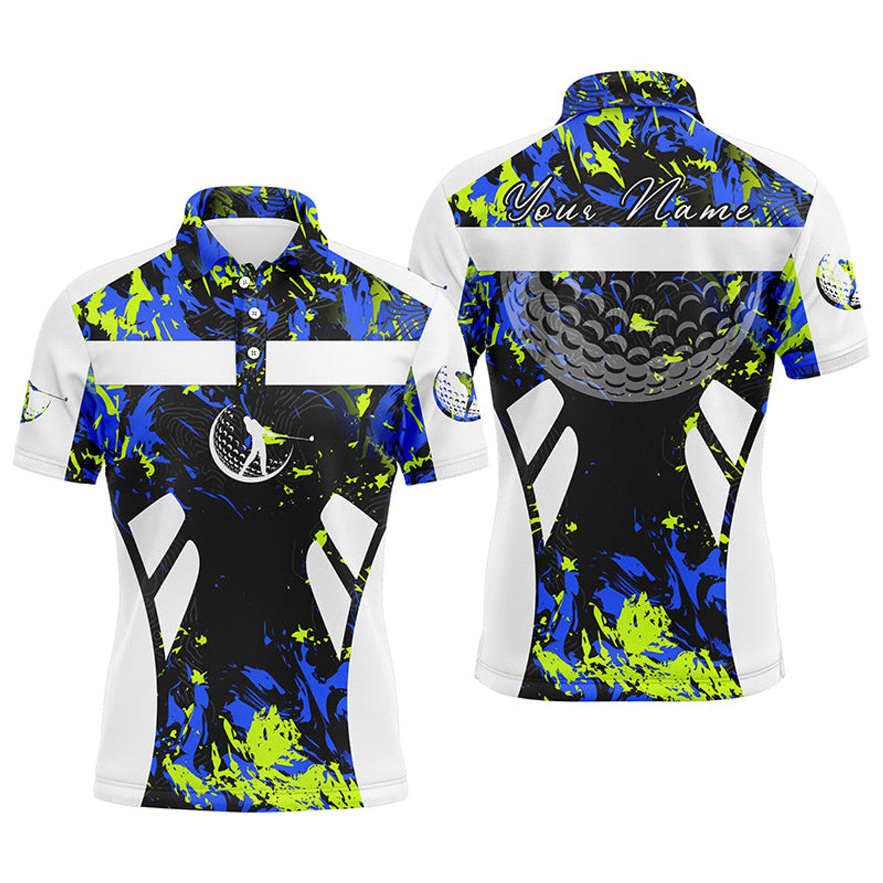 Custom Green blue camo and white Mens golf polo shirts custom name cool golf gifts for mens