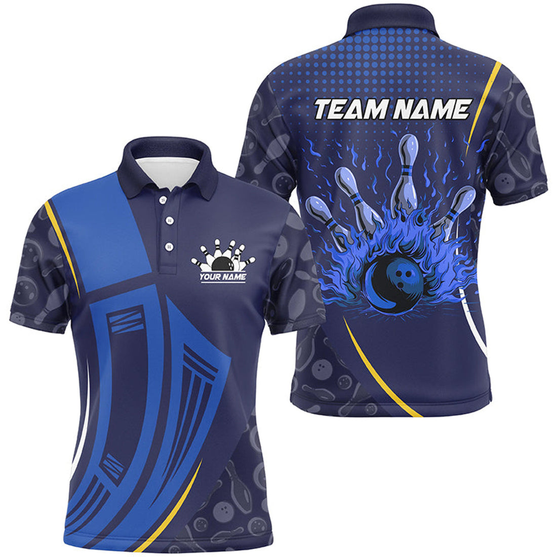 Custom Blue Camo Flame Bowling Polo, For Men Custom Team Bowling Jerseys