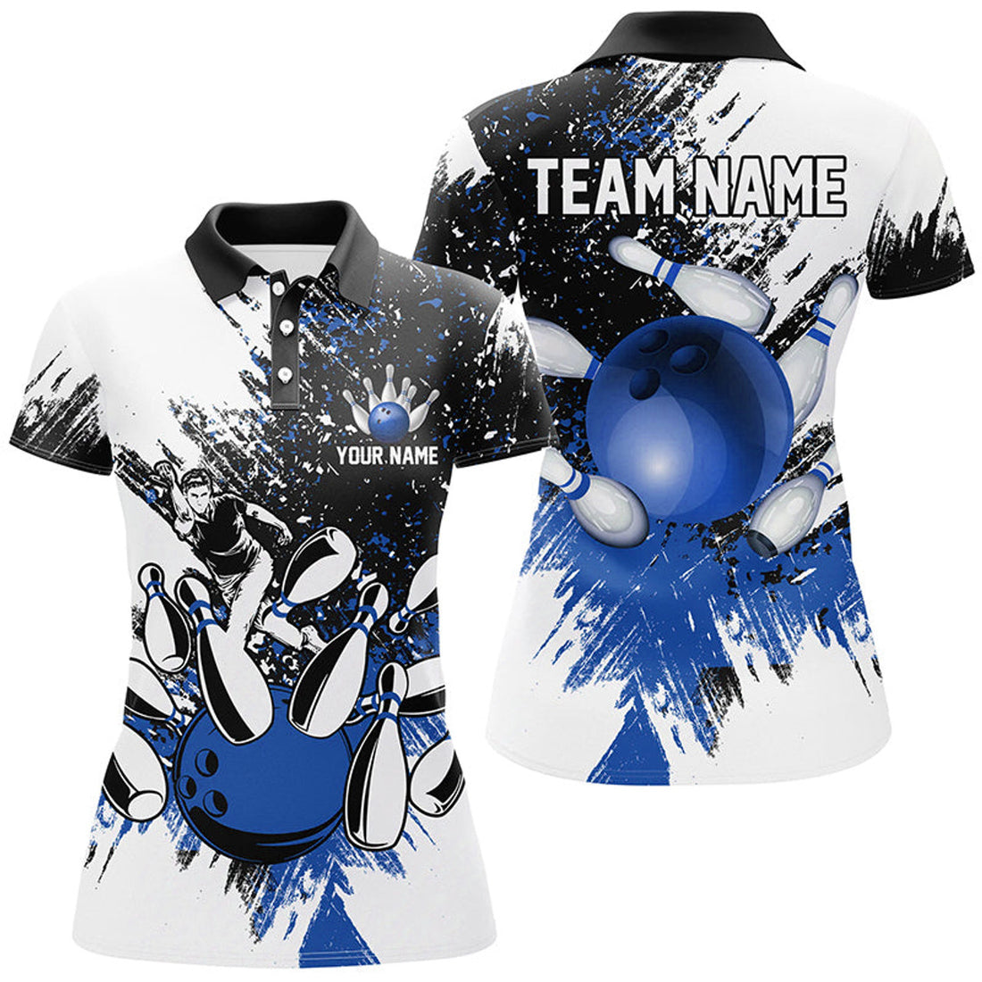 Custom Black White Women Bowling Polo, Custom Bowling Jersey, Girls Bowling Outfit