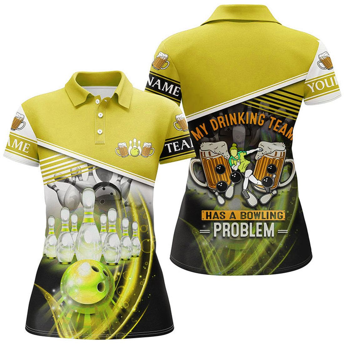Custom Women Bowling Polo Shirts Custom My Drinking Team Has A Bowling Problem Team League Jerseys | Yellow