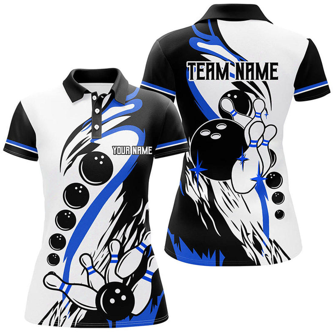 Custom Black And White Retro Bowling League Jerseys Custom Women Bowling Polo Shirts, Gifts For Bowler | Blue