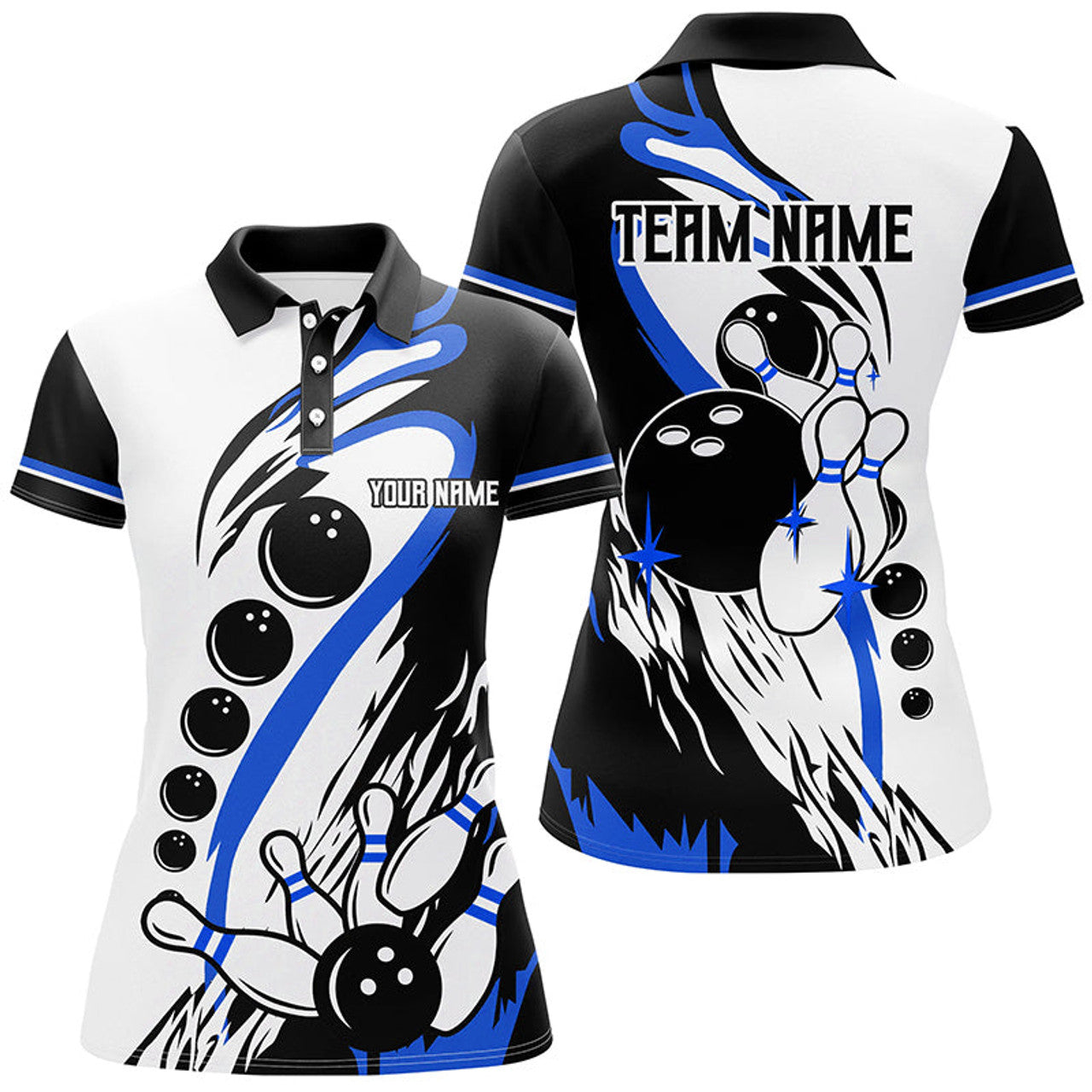 Custom Black And White Retro Bowling League Jerseys Custom Women Bowling Polo Shirts, Gifts For Bowler | Blue