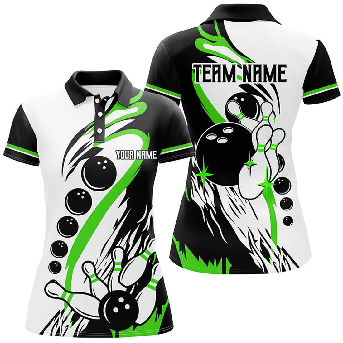 Custom Black And White Retro Bowling League Jerseys Custom Women Bowling Polo Shirts, Gifts For Bowler| Green