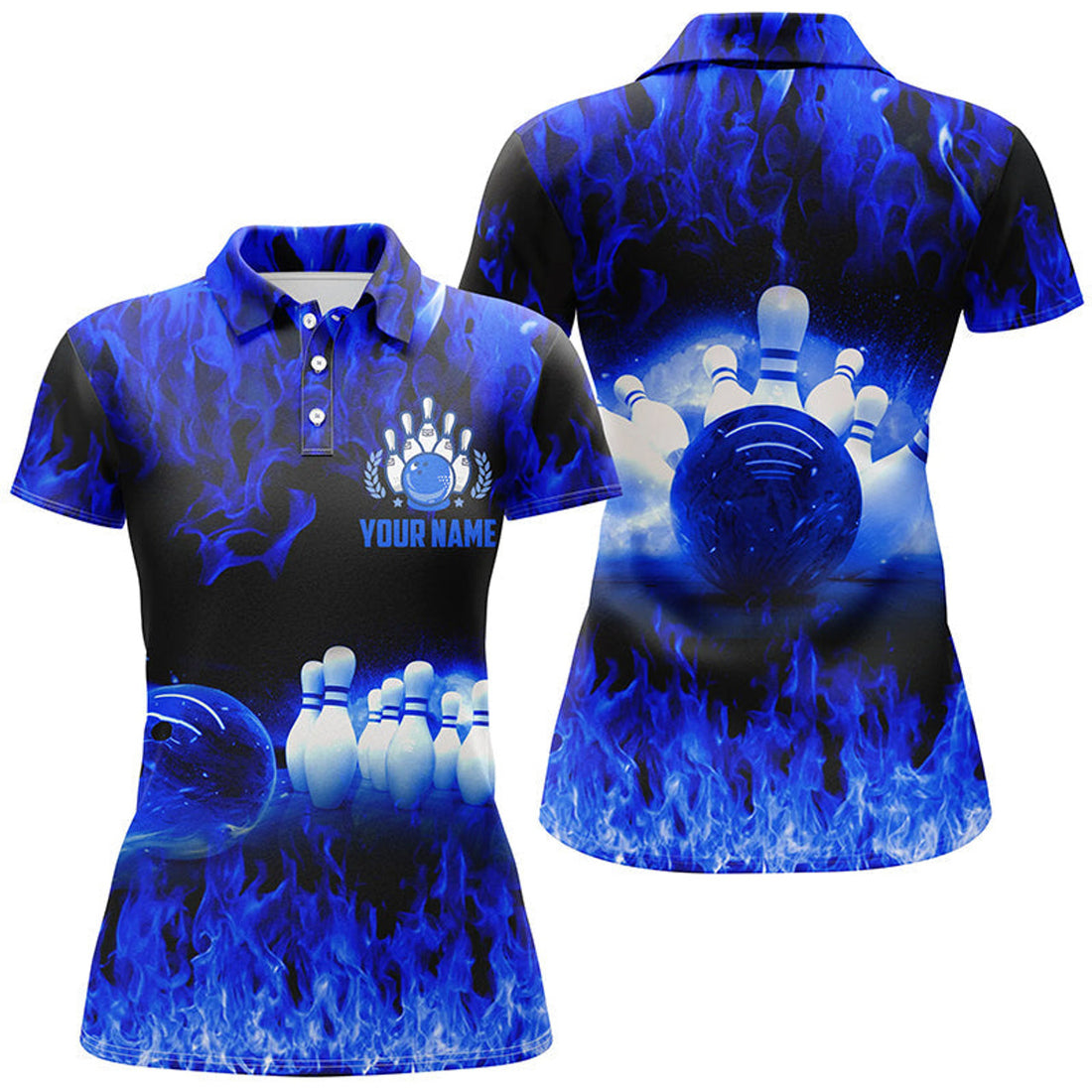 Custom Blue Flame Women Bowling Polo Shirts, Personalized Team League Bowling Shirts Female Bowling Uniform