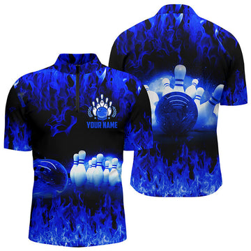 Custom Multi Color Flame Men's Bowling Quarter Zip Shirts, Personalized Cool Bowling Team League Bowling Shirts