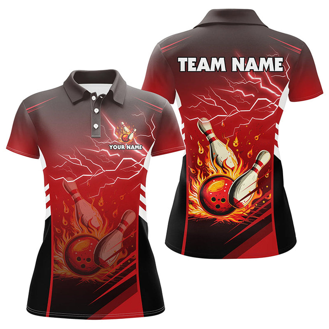 Custom Flame Bowling Ball And Pins Lightning Custom Women Bowling Polo Shirts, Team Bowling Jerseys | Red