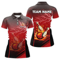 Custom Flame Bowling Ball And Pins Lightning Custom Women Bowling Polo Shirts, Team Bowling Jerseys | Red
