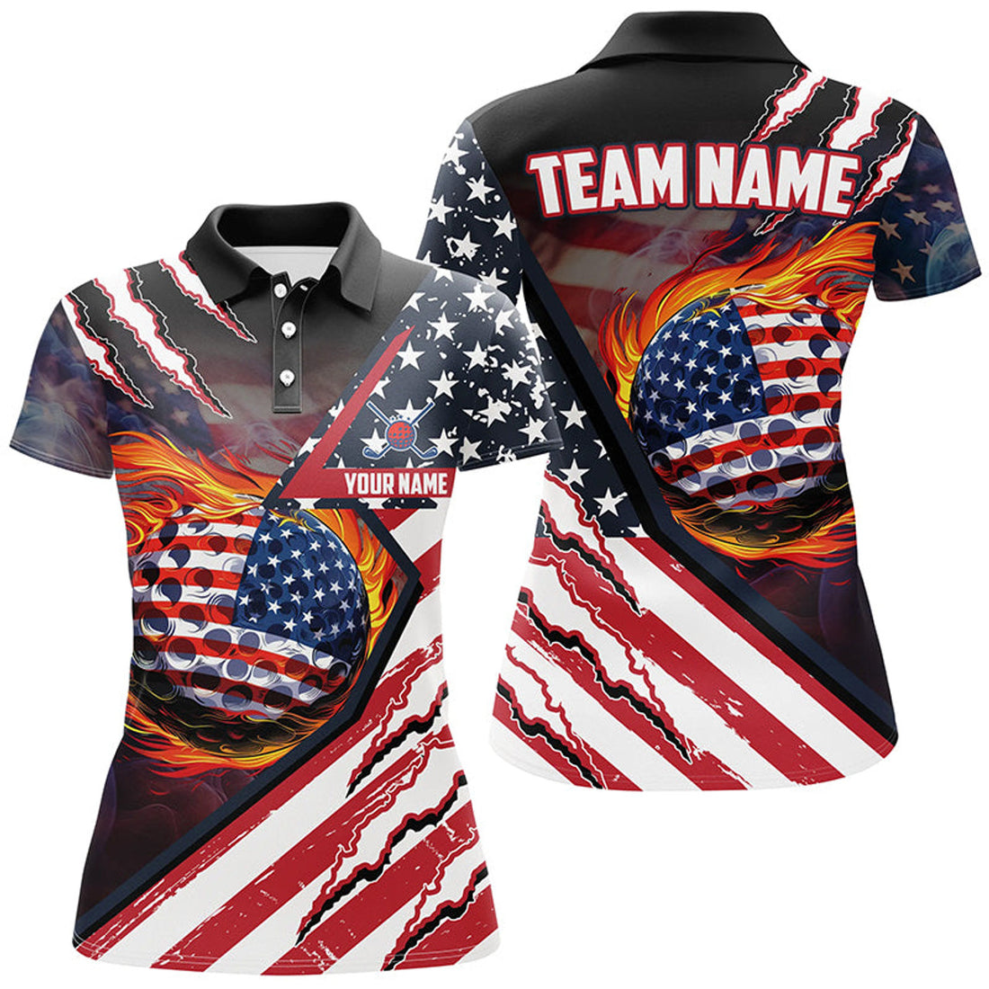 Custom American Flag Flame Golf Ball Women Golf Polo Shirts Custom Golf Outfits For Ladies, Patriot Golf Gift