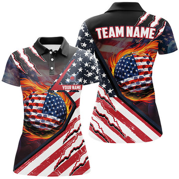 Custom American Flag Flame Golf Ball Women Golf Polo Shirts Custom Golf Outfits For Ladies, Patriot Golf Gift