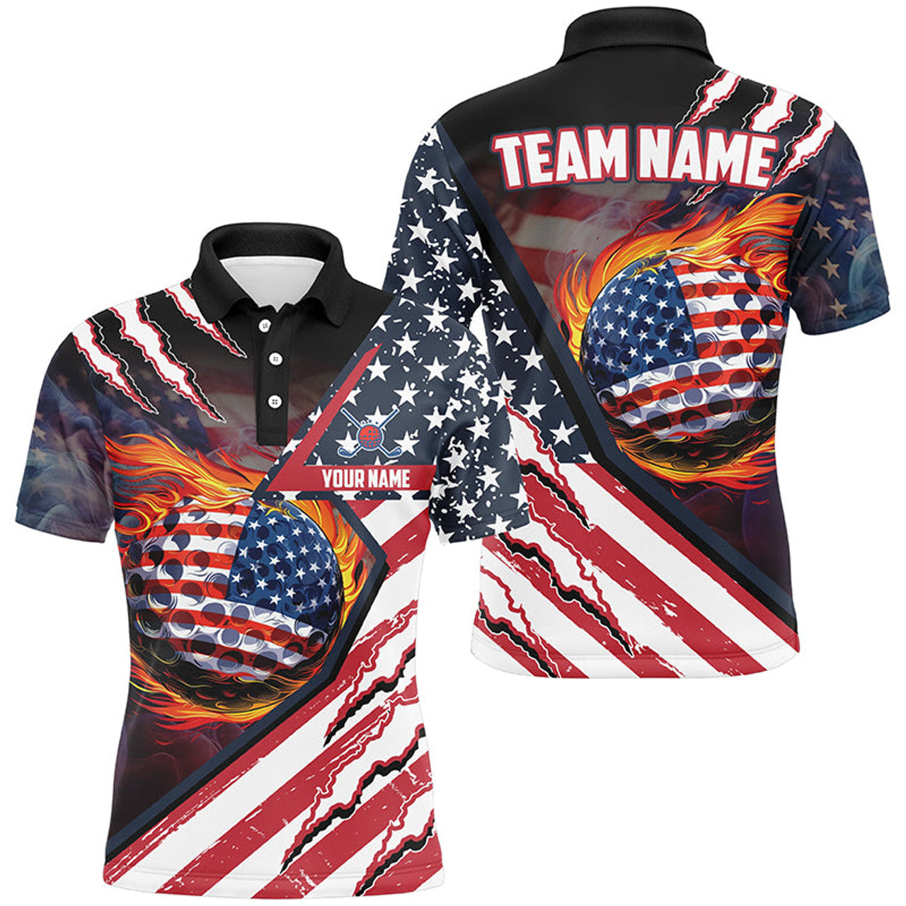 Custom American Flag flame golf ball Mens golf polo shirts custom golf outfits for men, patriotic golf gifts