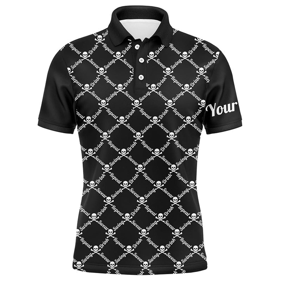 Custom Name Golf Men Polo Shirt - Swing Swear Drink Repeat Skull Pattern Apparel - Personalized Gift For Golf Lover, Team, Husband, Boyfriend, Men