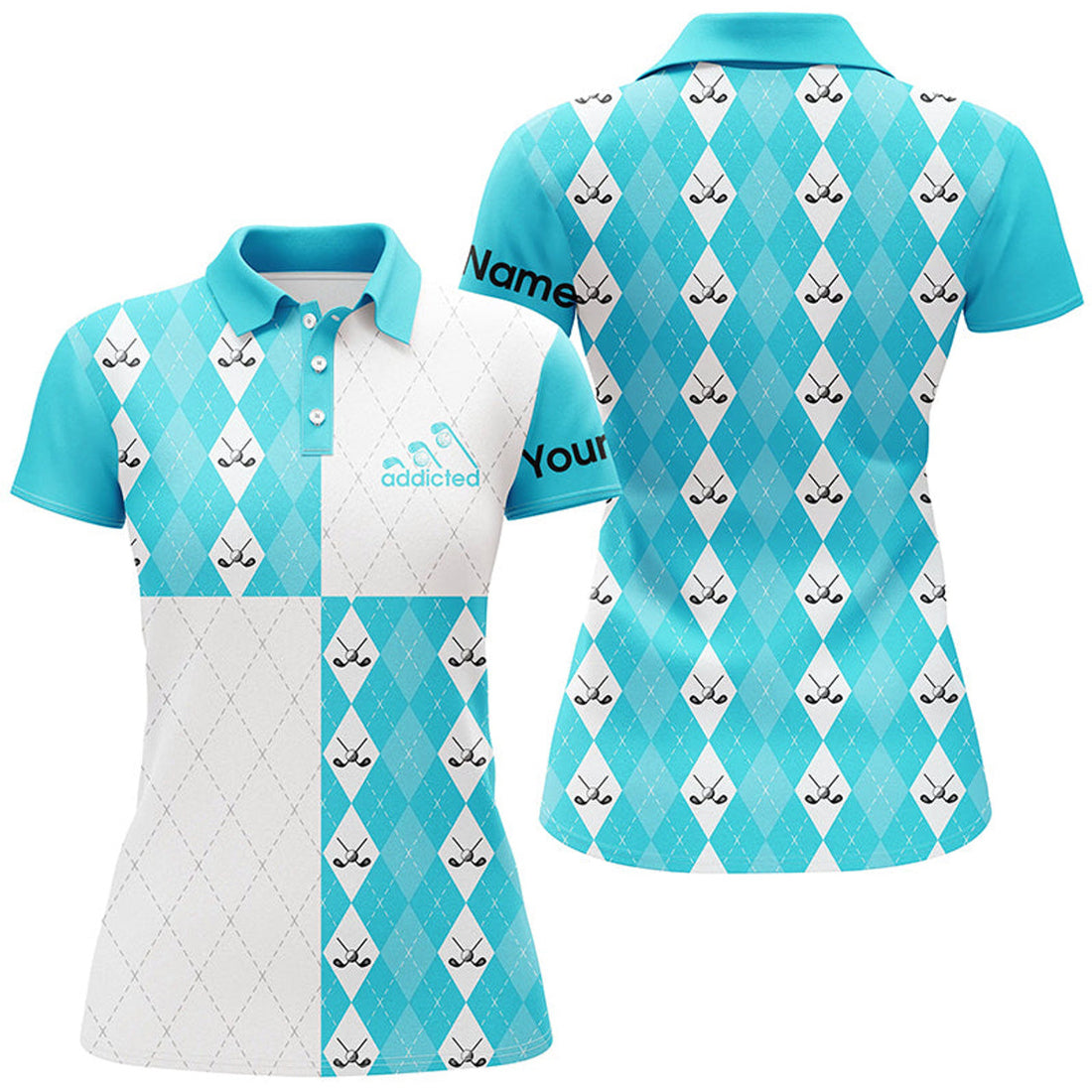 Custom Golf Addicted Womens Golf Polo Shirts Custom Cyan Blue And White Golf Ball Clubs Argyle Plaid Pattern