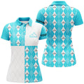 Custom Golf Addicted Womens Golf Polo Shirts Custom Cyan Blue And White Golf Ball Clubs Argyle Plaid Pattern
