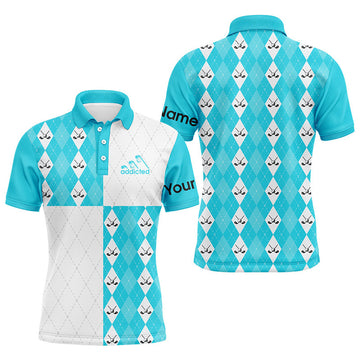 FUNSTUFFPRINT Golf addicted Mens golf polo shirts custom Cyan blue and white golf ball clubs argyle plaid pattern Polo Shirt Size S-5XL