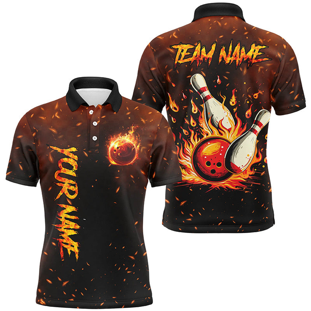FUNSTUFFPRINT Flame Bowling Jerseys For Men Custom Bowling Polo, for Team, Gift for Bowlers Polo Shirt Size S-5XL