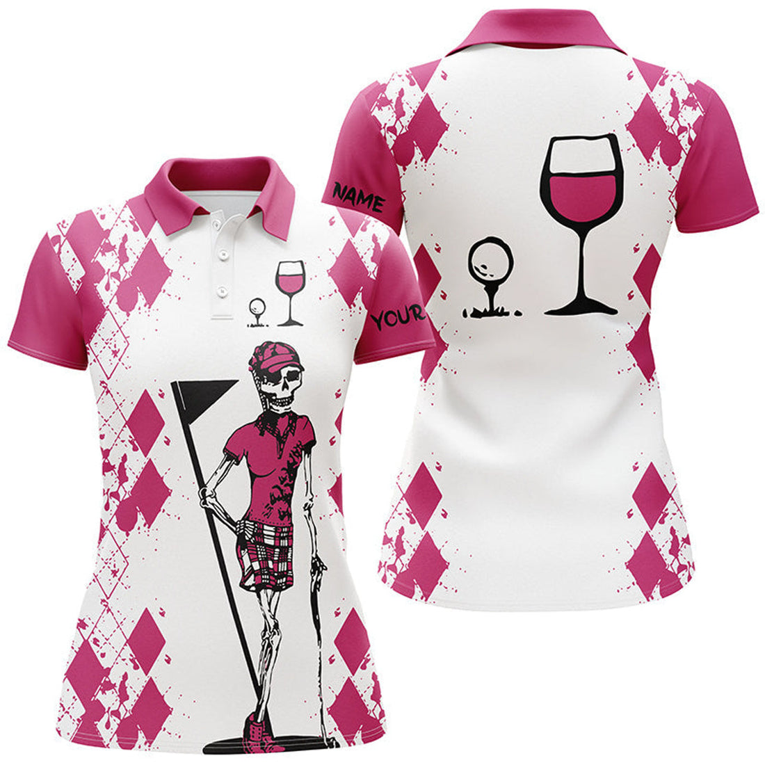 Custom White Pink Womens Golf Shirt Skull Golf & Wine Custom Name Womens Golf Polo Shirt