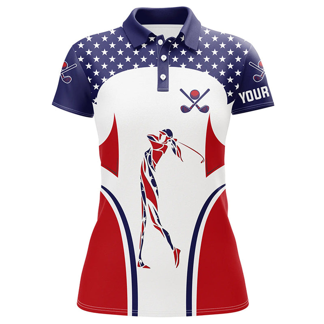 Custom Red, White and Blue American flag Womens golf polo shirts custom patriotic womens golf tops