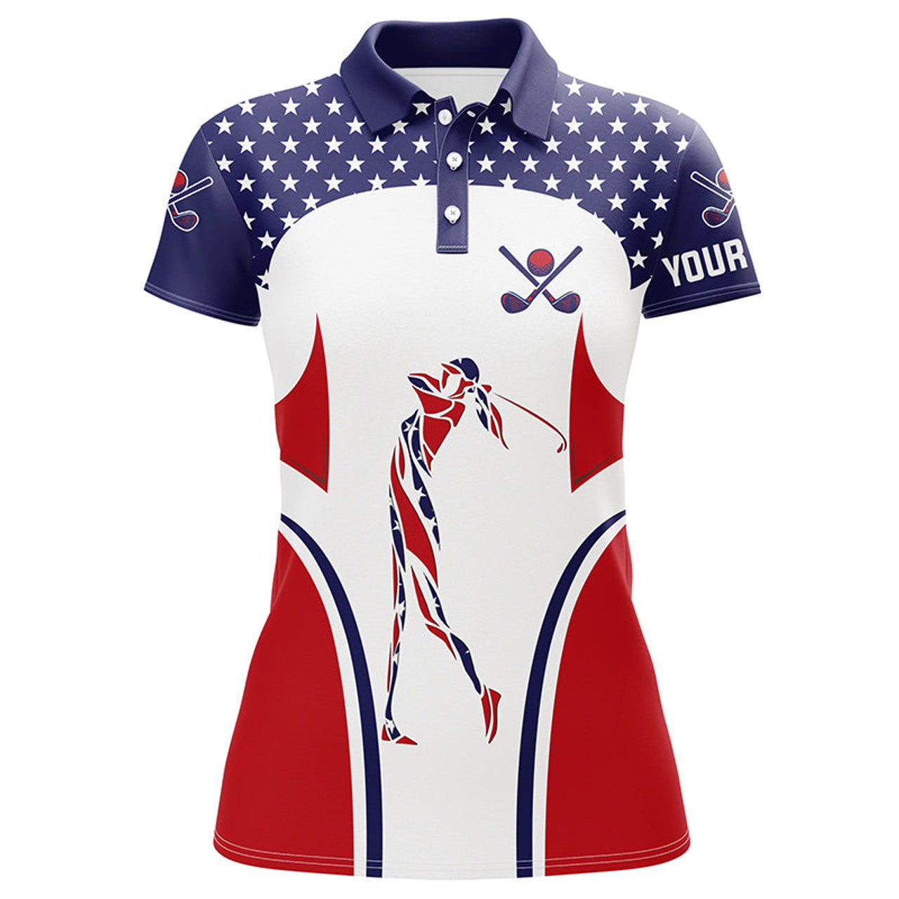 Custom Red, White and Blue American flag Womens golf polo shirts custom patriotic womens golf tops