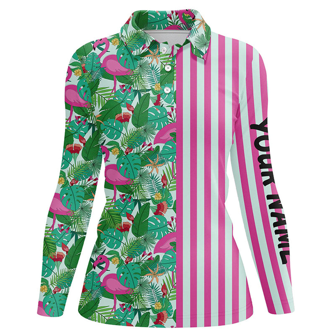Custom Pink Flamingo Green Tropical Pattern Stripes Women Golf Polo Shirts Custom Golf Outfits For Women