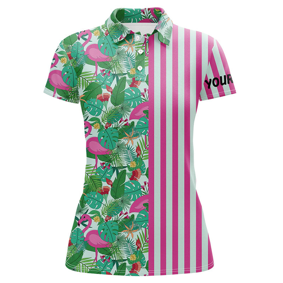 Custom Pink Flamingo Green Tropical Pattern Stripes Women Golf Polo Shirts Custom Golf Outfits For Women