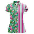 Custom Pink Flamingo Green Tropical Pattern Stripes Women Golf Polo Shirts Custom Golf Outfits For Women