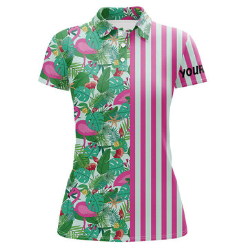Custom Pink Flamingo Green Tropical Pattern Stripes Women Golf Polo Shirts Custom Golf Outfits For Women
