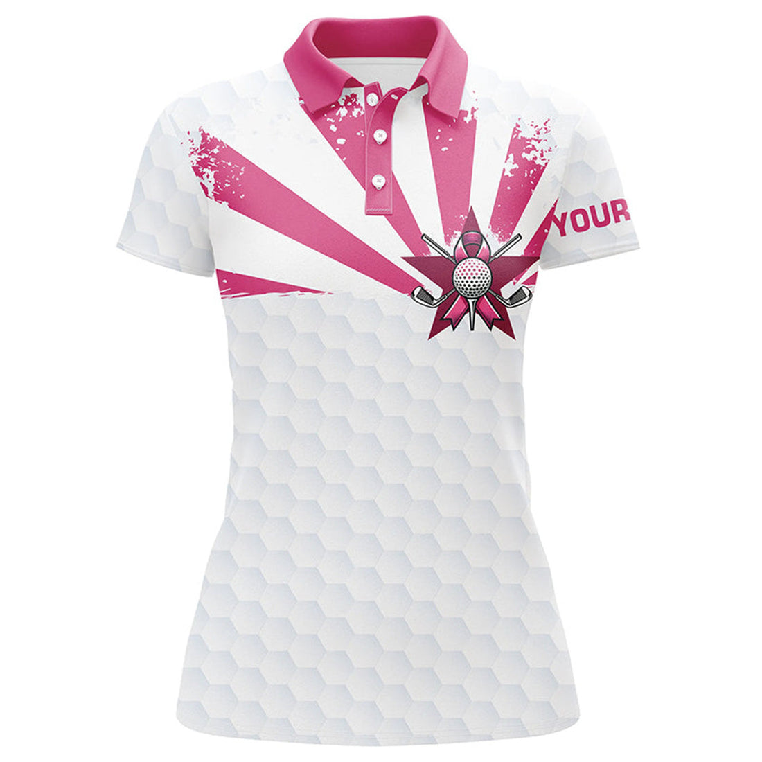 Custom White And Pink Womens Golf Polo Shirts Custom Breast Cancer Awareness Ladies Golf Tournament Shirt