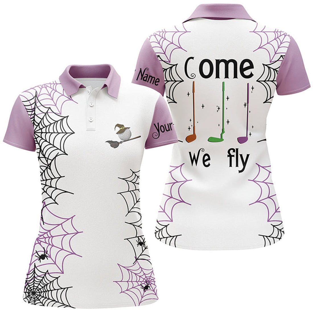 Custom Personalized Spider Web Halloween Womens Golf Polo Shirts Come We Fly Golf Clubs Polo Shirts | Purple