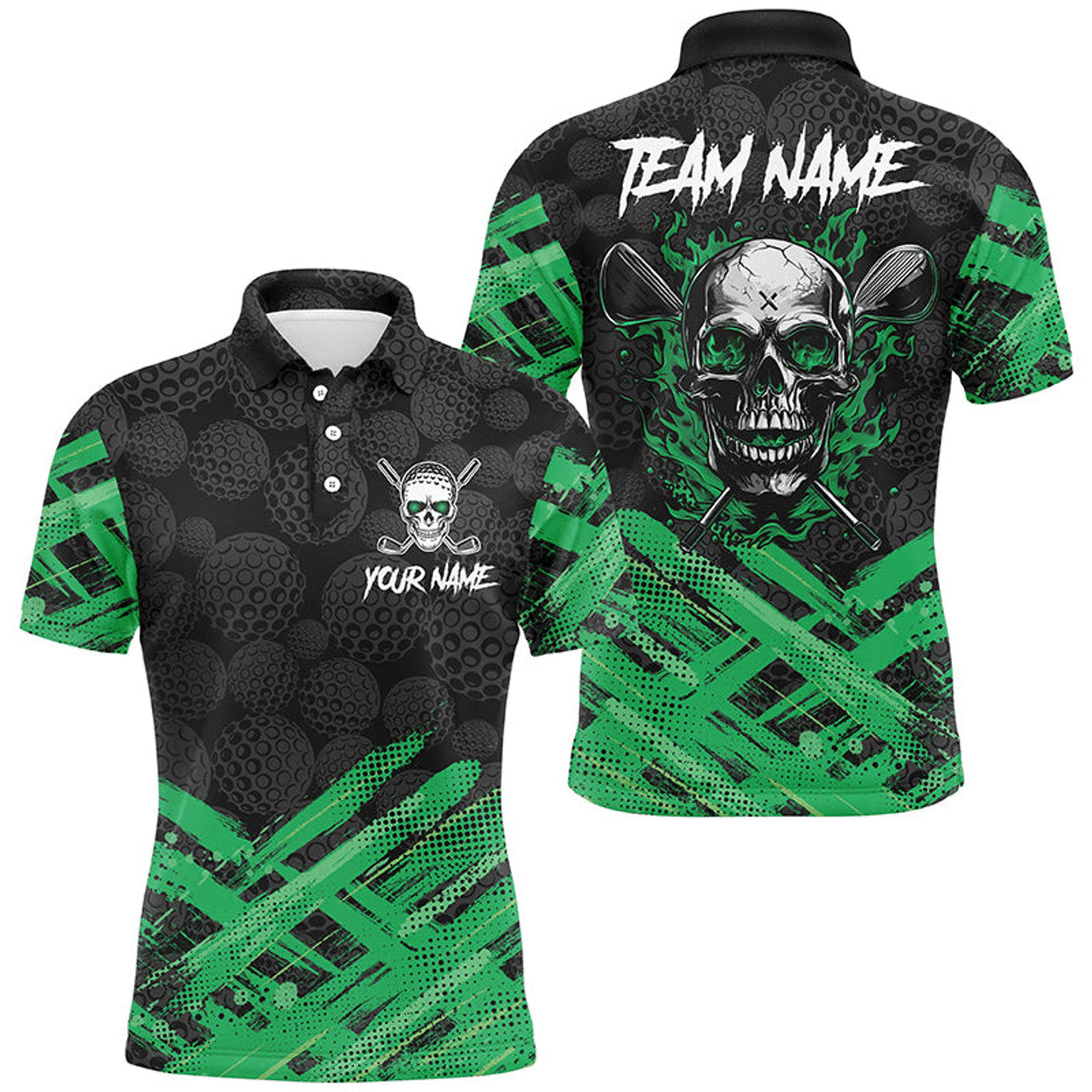 Custom Black Camo Mens golf polo shirts custom Green Flame Skull golf attire for men, gifts for the golfer