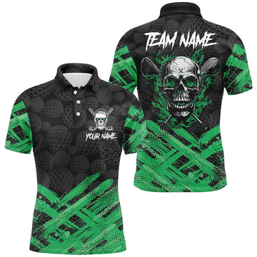Custom Black Camo Mens golf polo shirts custom Green Flame Skull golf attire for men, gifts for the golfer