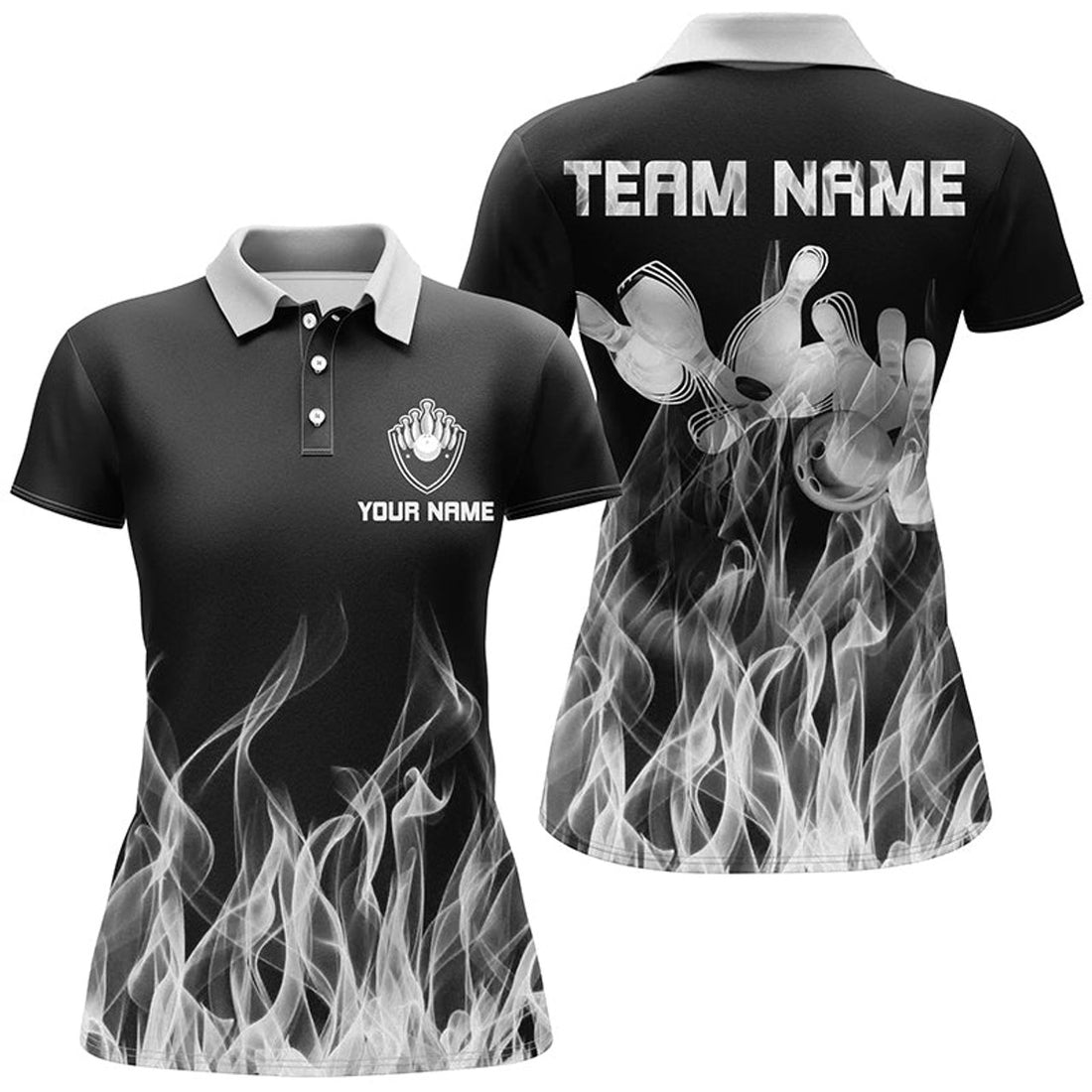 Custom White Flame Womens Bowling Polo Shirt Black Bowling Jerseys Personalized Bowling Team Shirts