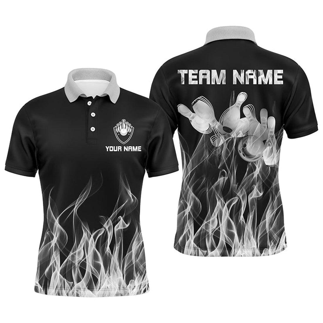 Personalized Men Polo Bowling Shirt White Flame Bowling Ball And Pins Bowling Jerseys For Men Bowler