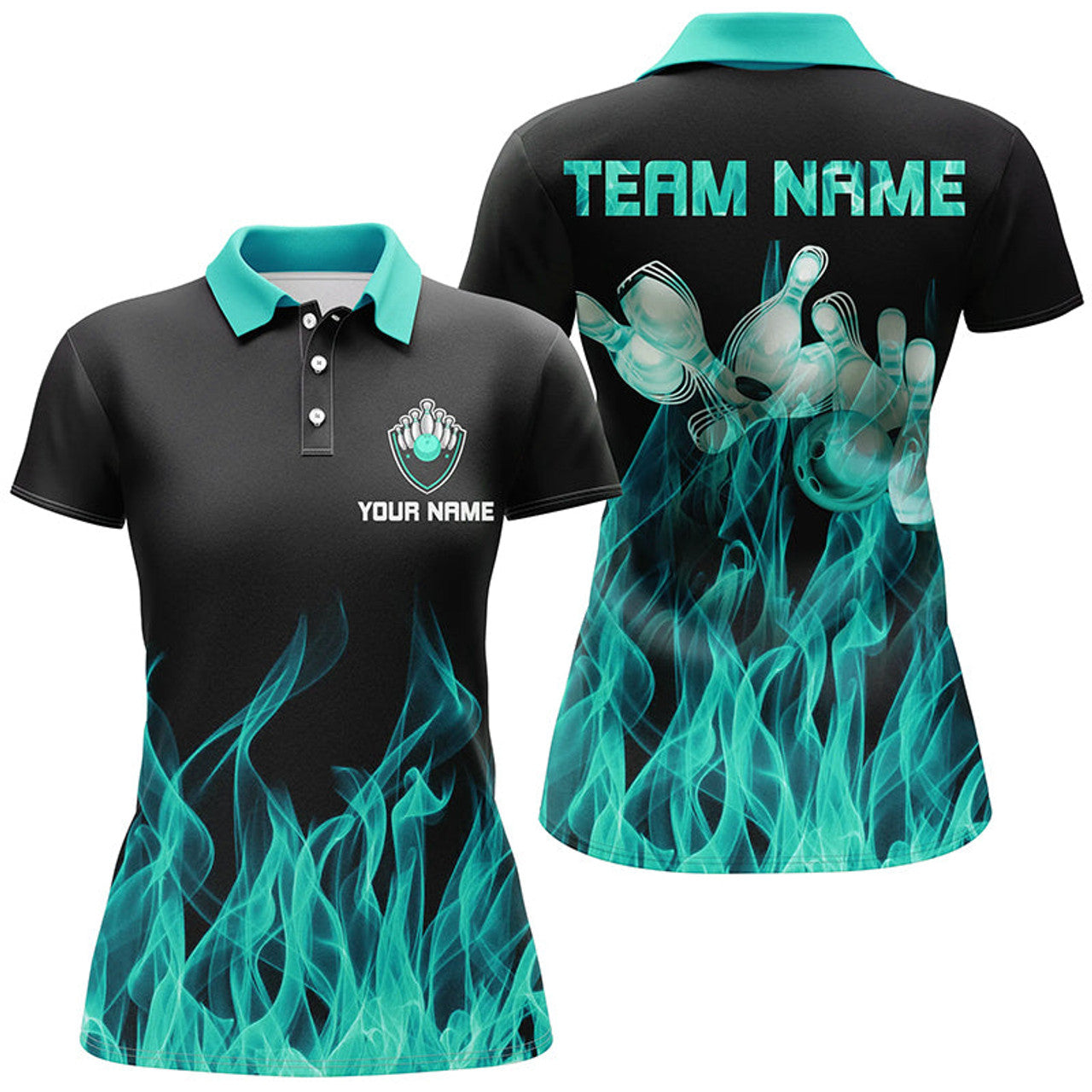 Custom Turquoise flame Womens bowling polo shirt black Bowling Jerseys Personalized Bowling Team Shirts