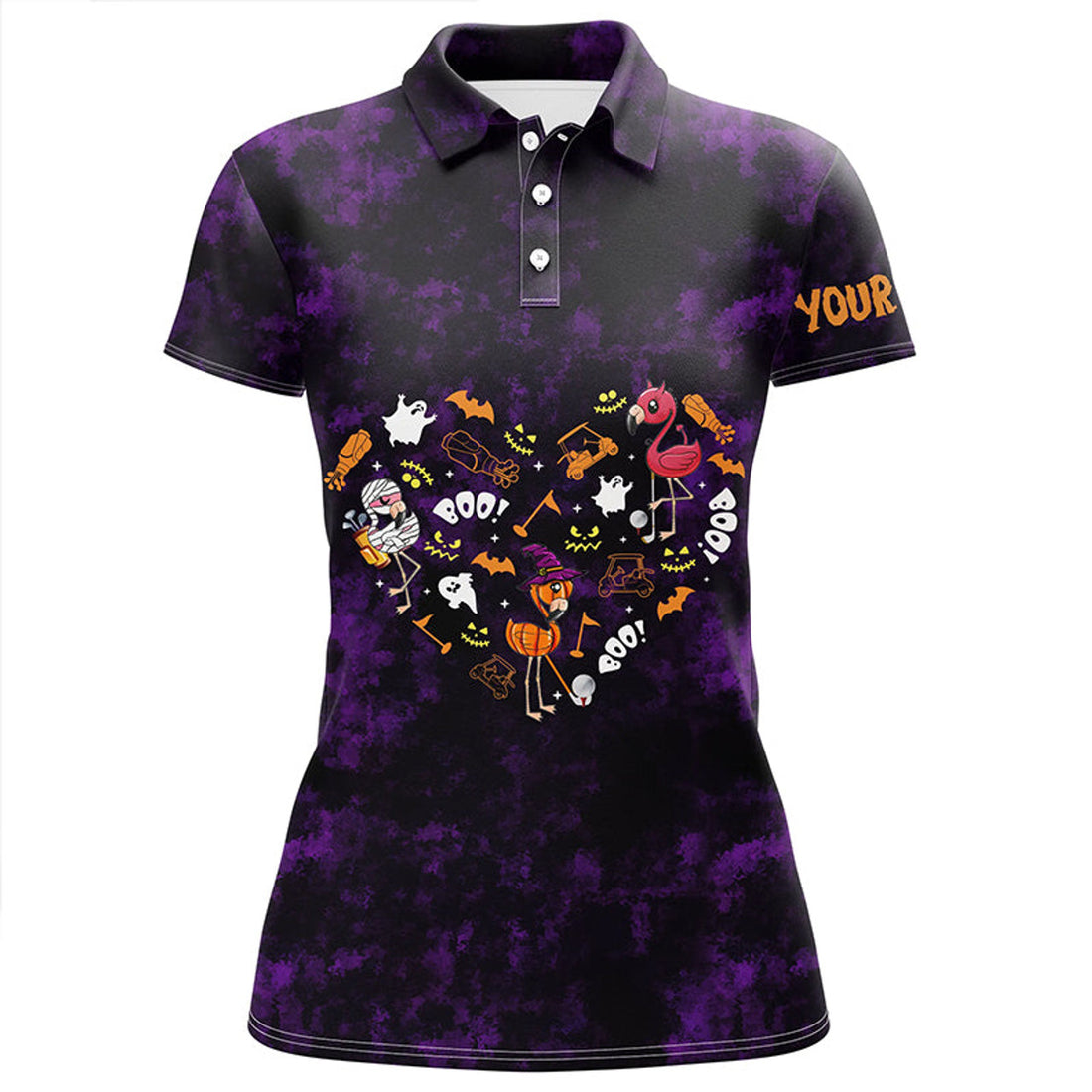 Custom Women Golf Polo Shirt Purple Camo Halloween Background Custom Flamingo Golf Friends