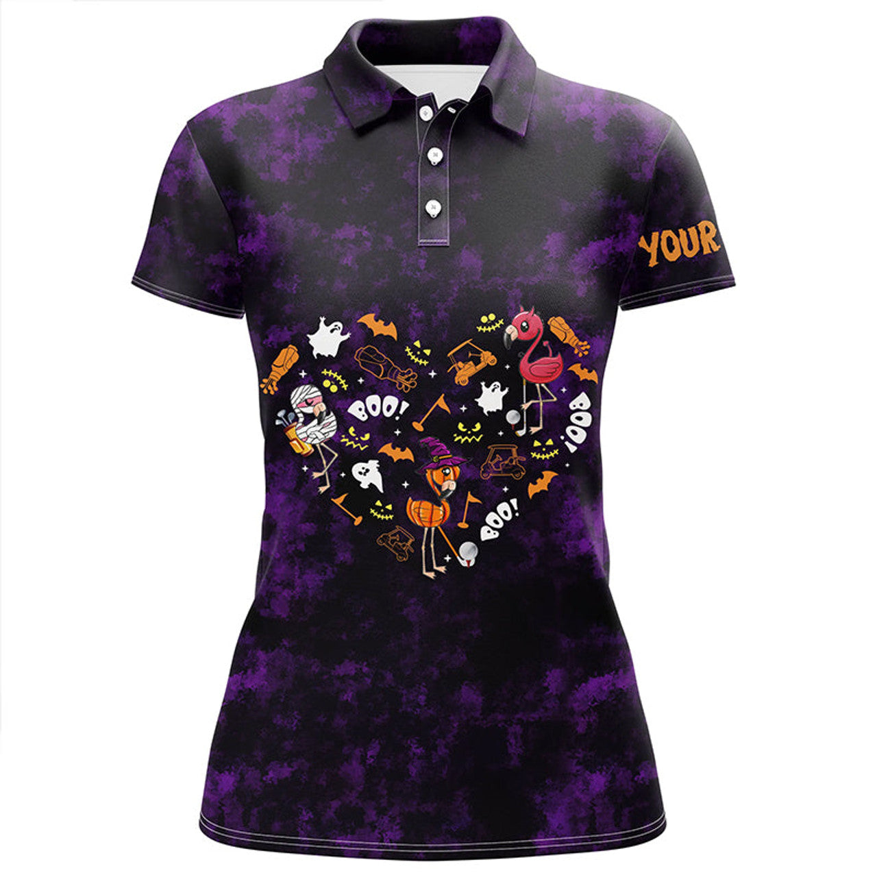 Custom Women Golf Polo Shirt Purple Camo Halloween Background Custom Flamingo Golf Friends