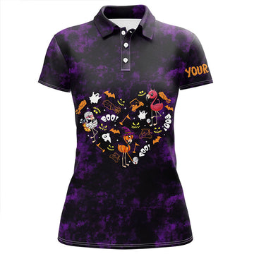 Custom Women Golf Polo Shirt Purple Camo Halloween Background Custom Flamingo Golf Friends