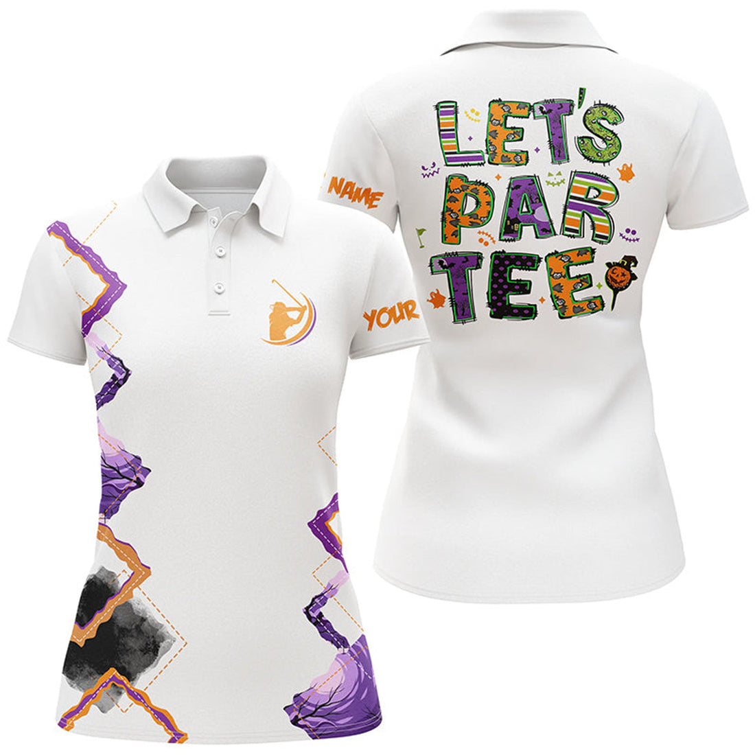 Custom Womens Golf Polo Shirt Orange Purple Custom Let's Par Tee Halloween White Golf Shirts