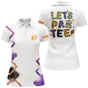 Custom Womens Golf Polo Shirt Orange Purple Custom Let's Par Tee Halloween White Golf Shirts