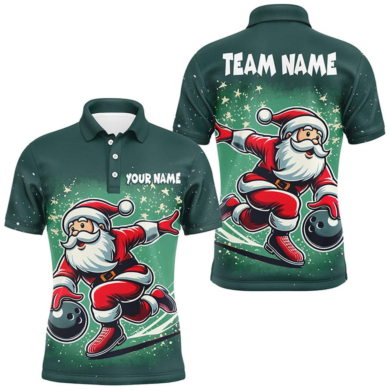 FUNSTUFFPRINT Funny Green Santa Bowling polo, Custom bowling uniforms Christmas Polo Shirt Size S-5XL