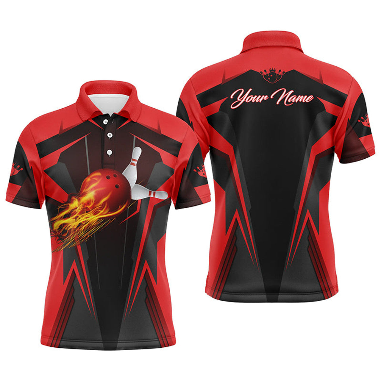 FUNSTUFFPRINT Personalized Men Bowling Polo Shirt Flame Bowling Ball and Pins, bowling polo for men bowlers Polo Shirt Size S-5XL