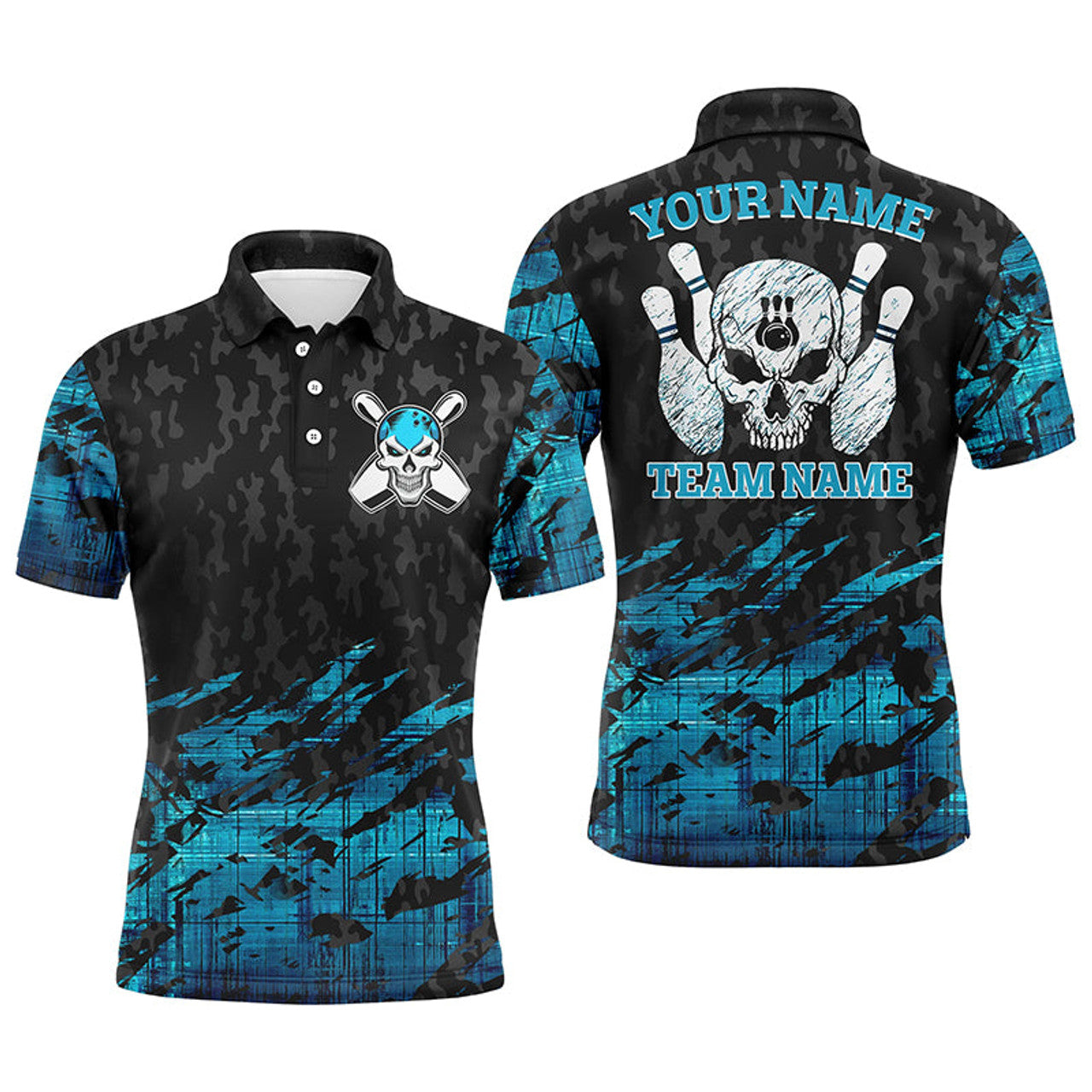 FUNSTUFFPRINT Skull Bowling polo shirts for men custom name and team name blue Bowling skeleton, team bowling Polo Shirt Size S-5XL