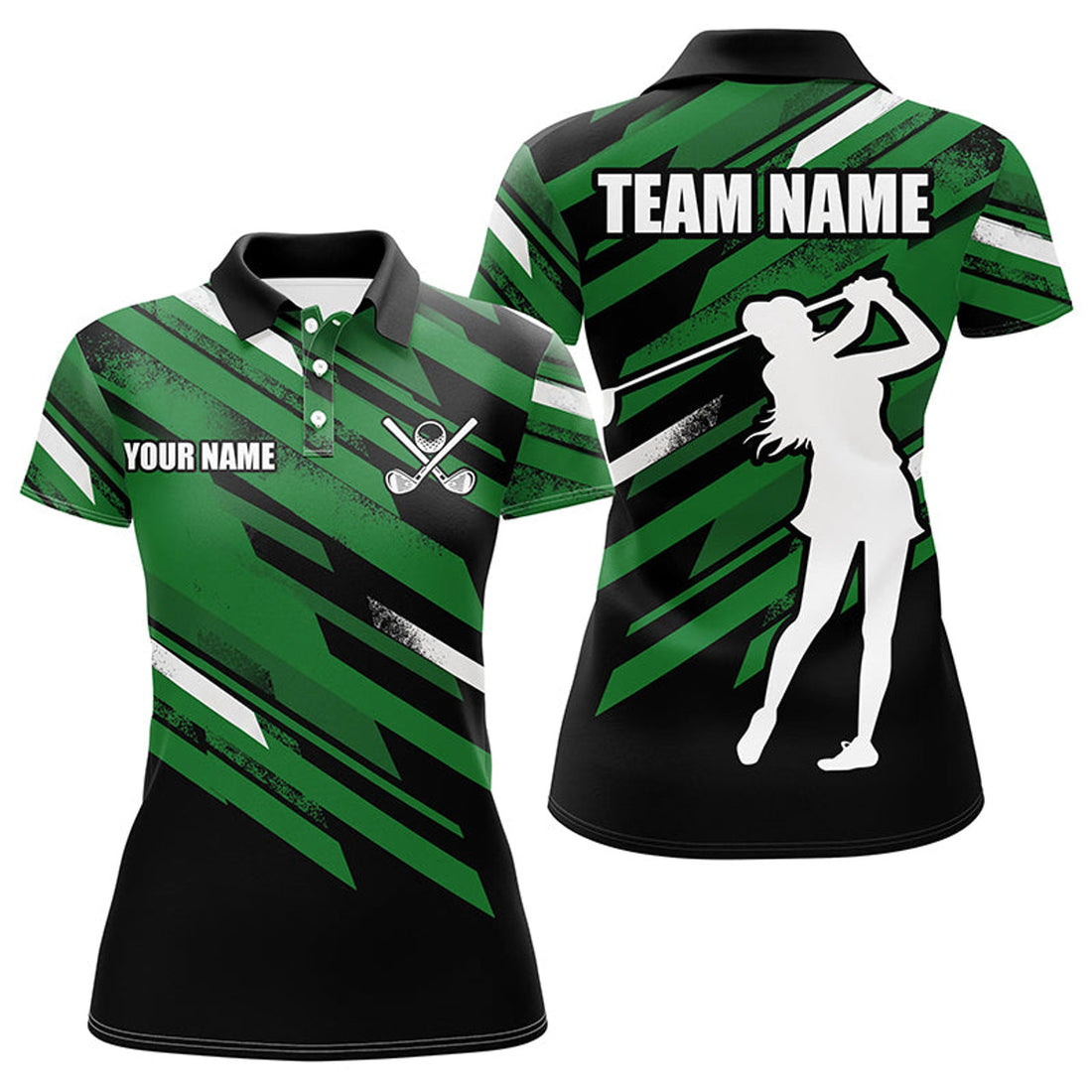 Custom Womens Golf Polos Shirts Custom Black And Green Golf Attire For Ladies, Golfing Gifts For Women