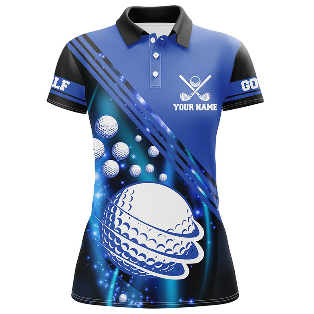 Custom Black And Blue Light Golf Ball Women Golf Polo Shirts Custom Golf Outfits For Ladies, Unique Golf Gift