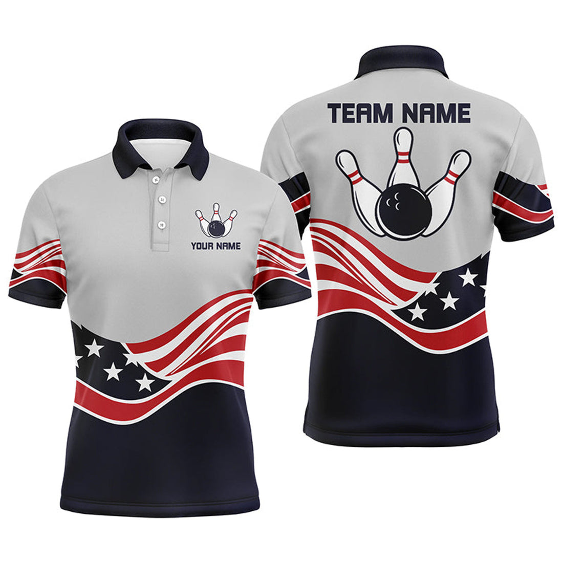 FUNSTUFFPRINT American Flag Bowling Jersey For Men Custom Polo Bowling Shirt Patriotic Bowling Shirt For Team Polo Shirt Size S-5XL