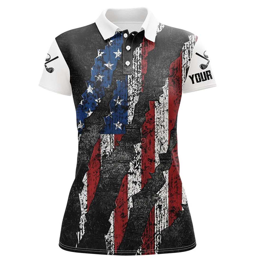 Custom Black And White Grunge American Flag Women Golf Polo Shirts Custom Patriotic Golf Apparel For Women