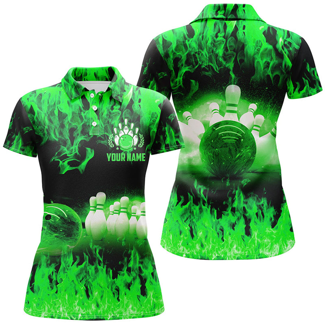 Custom Green Flame Women Bowling Polo Shirts, Personalized Team League Bowling Shirts Female Bowling Uniform