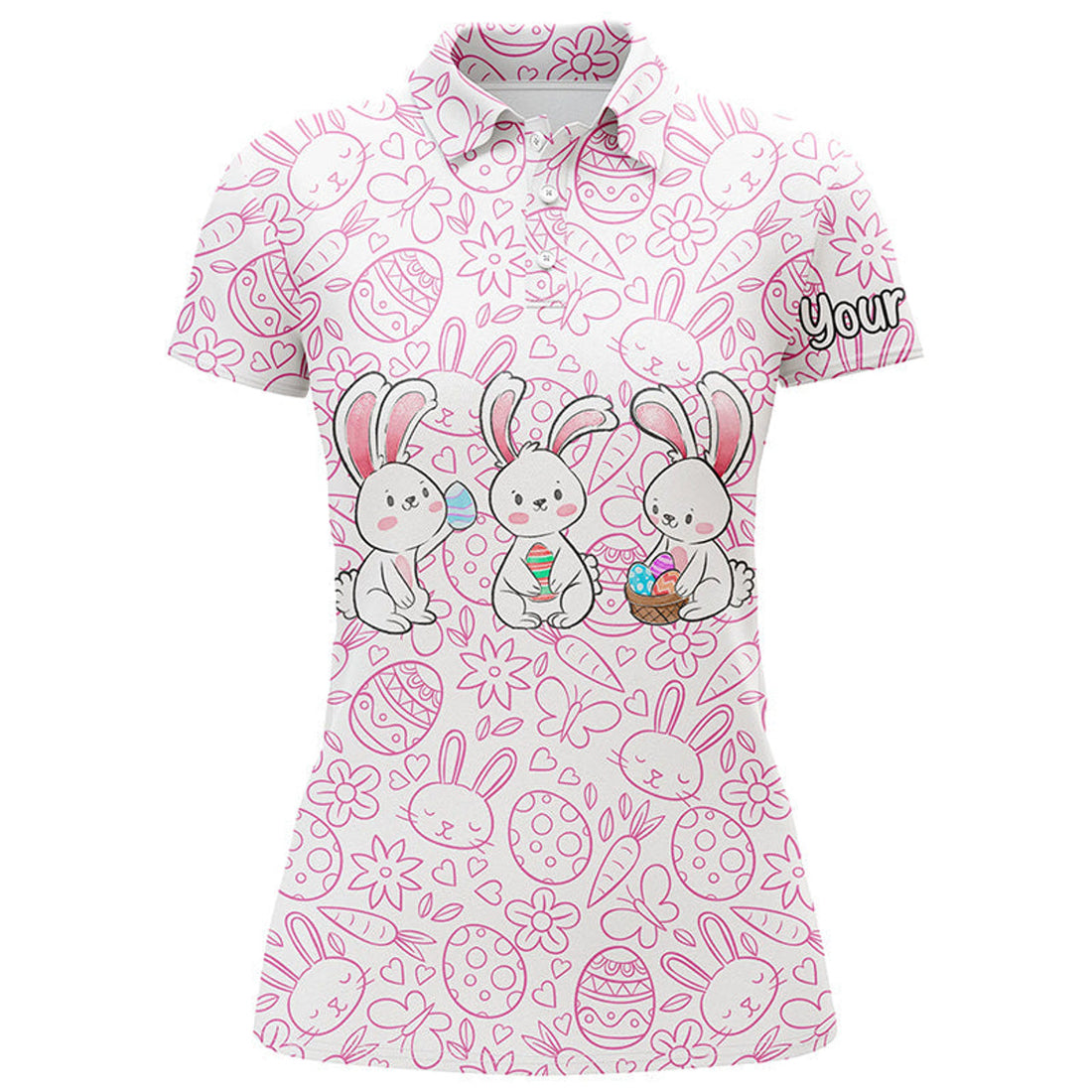 Custom Pink Easter bunny eggs pattern golf shirt custom name Womens golf polo shirts, golf shirts for women