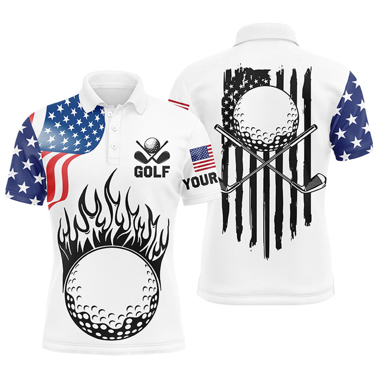 Custom Mens golf polo shirts custom American flag golf ball fire patriot golf tops, golf attire for mens
