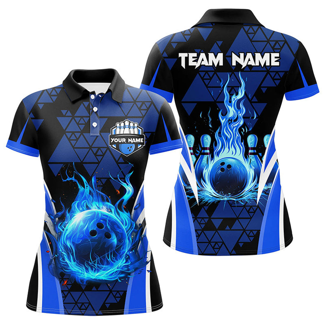 Custom Blue Triangle Pattern Flame Bowling Ball Pins Custom Women Bowling Polo Shirts, Team Bowling Jerseys